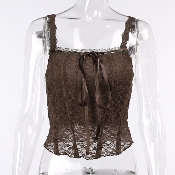 Vintage Inspired Sheer Lace Bustier Tank Top 3P [Brown/Black/Beige] - Picture 13 of 13